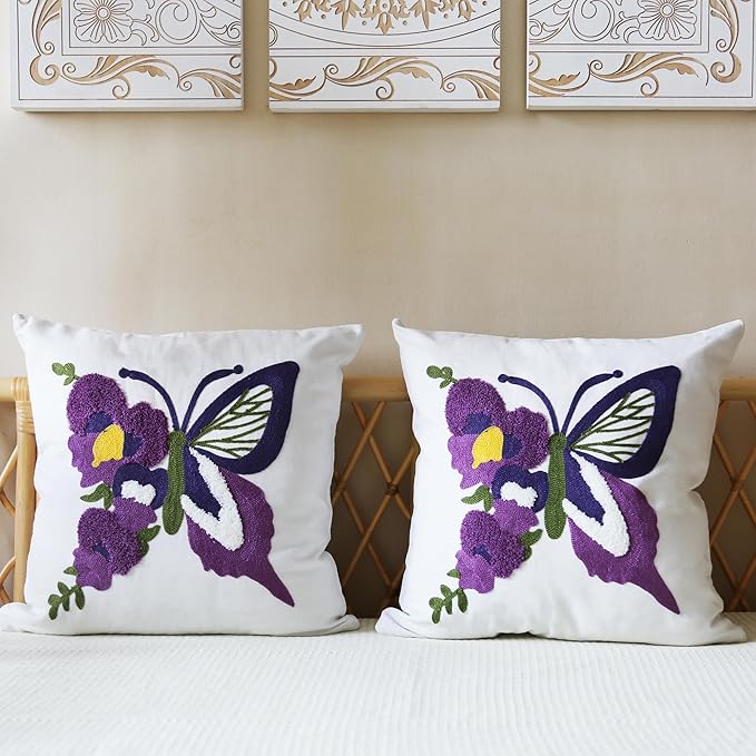 Butterfly Pillow Cover Boho Embroidered Pillow Covers for Couch Sofa Purple Butterfly Bohemian Pillow Covers Cotton Linen 2PCS Pillowcase Covers 18x18 Inch
