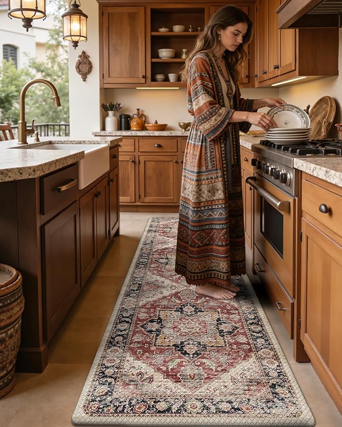 DEXI Kitchen Floor Mats Anti Fatigue, 23x59 Large Cushioned Vintage Runner Rug Waterproof, Standing Comfort Memory Foam Padded for Front Sink Laundry Office, Beige and Red