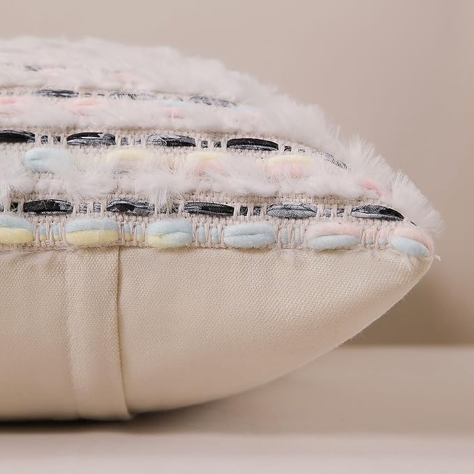 Boho Lumbar Pillow Cover 12x20 Inch Pack of 1 Farmhouse Rectangle Decorative Couch Throw Pillow Cover Macaron Chenille Tufted Striped Pillowcase for Living Room Sofa Bed