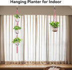 USLAI Macrame Plant Hanger Indoor Outdoor, Up to 4-15 inch Pot, Heavy 20lb Planters, Extra Long Strong Hanging Planter Basket Holder, Boho Home Decor, 35+72 Inch, Pink (POTS NOT Included)