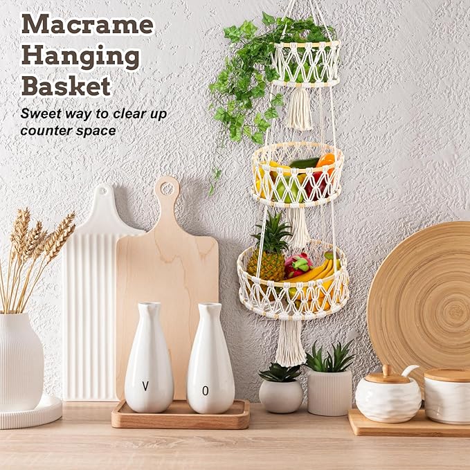 3 Tier Hanging Basket, Hanging Fruit Baskets for Kitchen Storage Organizer - Cotton Woven Multi-Layer Produce Holder with Hang Loop for Vegetables Plants Home Decor
