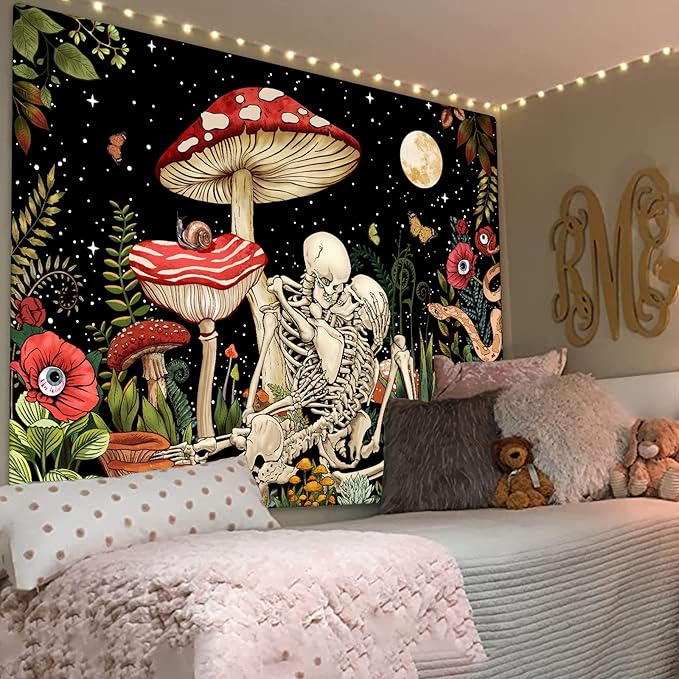 Accnicc Mushroom Skull Tapestry Skeleton Floral Plant Flower Aesthetic Bedroom Tapestries Nature Moon Wall Tapestry for Dorm Living Room (48'' × 36'')