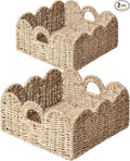 Scalloped Basket 2 Pack Wicker & Rattan Storage with Built-in Handles, Decorative Woven Seagrass Basket for Nursery & Bathroom Organization