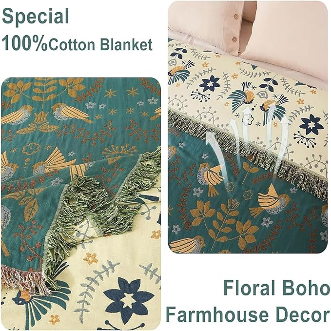Boho Throw Blanket - 100% Cotton Soft Throw Blanket for Bed, 90"x108" Reversible Breathable Lightweight Spring Blankets, All Seasons Farmhouse Decor Floral Plant Bird Throw Quilt