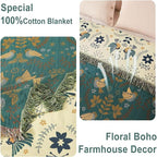 Boho Throw Blanket - 100% Cotton Soft Throw Blanket for Bed, 90"x90" Reversible Breathable Lightweight Spring Blankets, All Seasons Farmhouse Decor Floral Plant Bird Throw Quilt