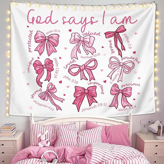 LIANGW Pink Coquette Bow Christian Tapestry, Indoor Outdoor Wall Art Tapestry for Bedroom, Inspirational Christian Tapestries for Women, Girl Room Decoration Living Room Bedroom 50x60 inches