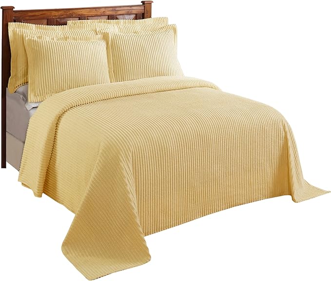 Better Trends Chenille Bedspreads Queen Size, Yellow 100% Cotton Chenille Stripe Design Tufted Bedding Coverlet Soft Lightweight, 102"x110" with 2 Sham 3 Pieces Set Jullian Collection