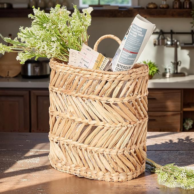 Hanging Basket for Front Door & Wall - Large Farmhouse Outdoor Planter, Holds Plants Mail Flowers, Woven Water Hyacinth Organizer, 12x10.5x5.3in