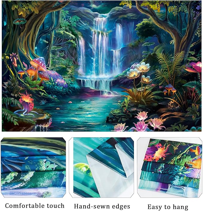 Generleo Forest Waterfall Tapestry Mushroom Flower Tapestries Natural Landscape Tapestries Colorful Floral Plants Wall Art Decor Fantasy Aesthetic Tapestry Wall Hanging for Bedroom