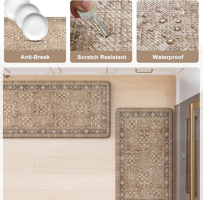 KIMODE Anti Fatigue Kitchen Mat, Boho Distressed Kitchen Rugs Sets of 2, Non Slip Kitchen Mat for Floor, Cushioned Comfort Standing Mat for Sink, Laundry, Office, Desk 17"x47"+17"x29"