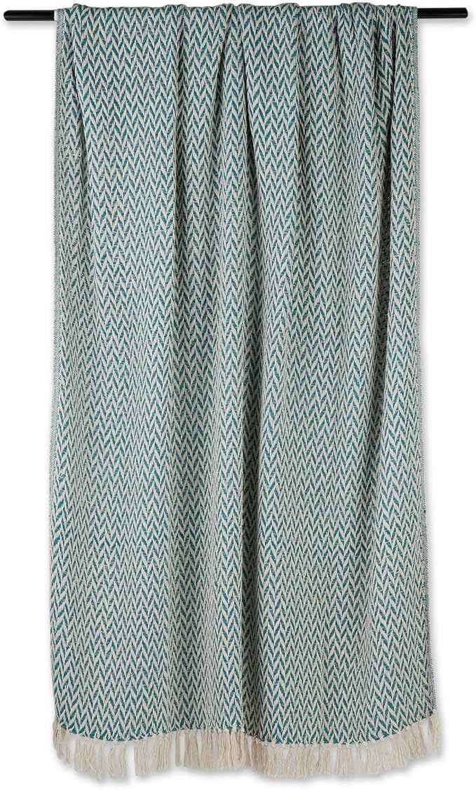 DII Modern Zig Zag Throw Blanket Woven Cotton, Hand-Knotted 2.5" Fringe, 50x60, Teal