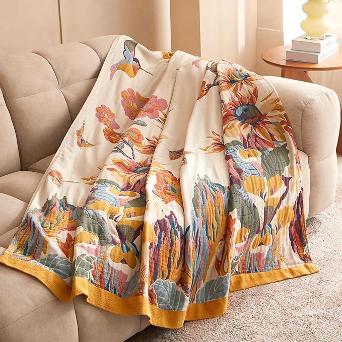 Boho Throw Blanket - 100% Cotton Soft Throw Blanket for Bed, 60"x80" Reversible Breathable Lightweight Spring Blankets, All Seasons Farmhouse Decor Floral Plant Butterfly Throw Quilt