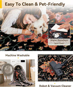 Area Rugs Square 6ft Washable Non-Slip, Floral Vintage Distress Print Pattern Medallion Carpet for Living Room Bedroom Dining Room, Black Colorful Floral Dark Tan