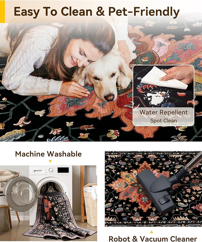Area Rugs Square 8ft Washable Non-Slip, Floral Vintage Distress Print Pattern Medallion Carpet for Living Room Bedroom Dining Room, Black Colorful Floral Dark Tan