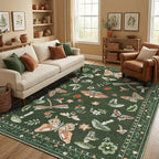 Mushroom 6x9 Area Rugs for Living Room Low-Pile Whimsical Cottage Core Insect Bug Butterfly Funky Dark Gothic Decor for Bedroom Nursery Dining Room Olive Green