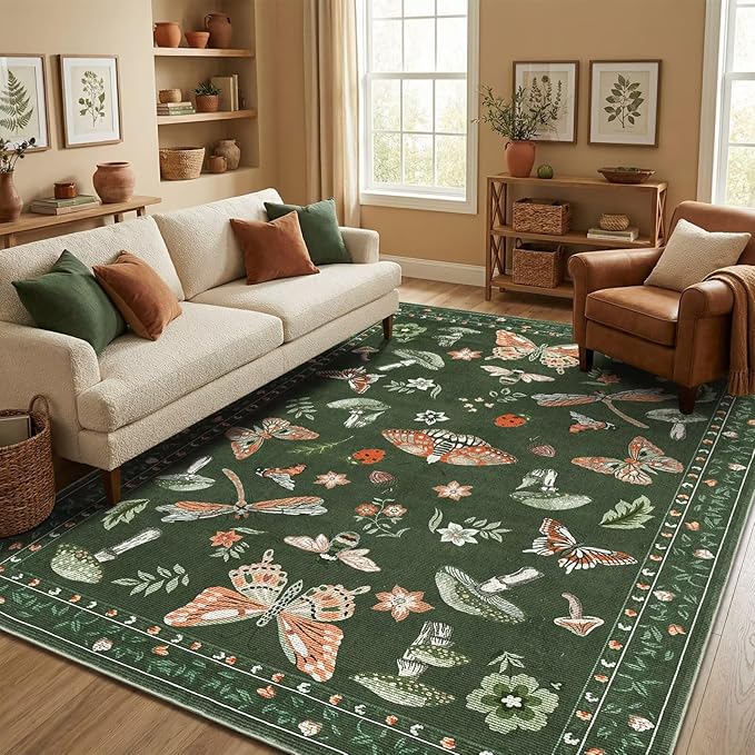 Mushroom Washable Rugs 5x7 for Living Room Low-Pile Whimsical Cottage Core Insect Bug Butterfly Funky Dark Gothic Decor for Bedroom Nursery Dining Room Olive Green