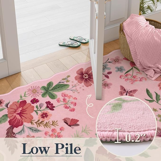 Lahome Floral Living Room Rugs, Pink Area Rugs 5x7 Rug for Bedroom Ultra-Thin Soft Rug, Non-Slip Washable Rugs Throw Boho Rug for ‎‎Nursery Playroom Classroom Flore (5x7ft, Pink)