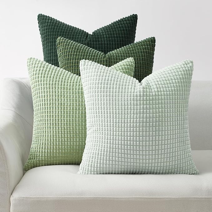 Topfinel Boho SageGreen Throw Pillow Covers for Couch Living Room,Summer Green Cushion Covers Room Decorative Fluffy Corduroy,Nordic Cushion Cover 18x18 Inch Set of 4 (Green/LightGreen/OliveGreen)