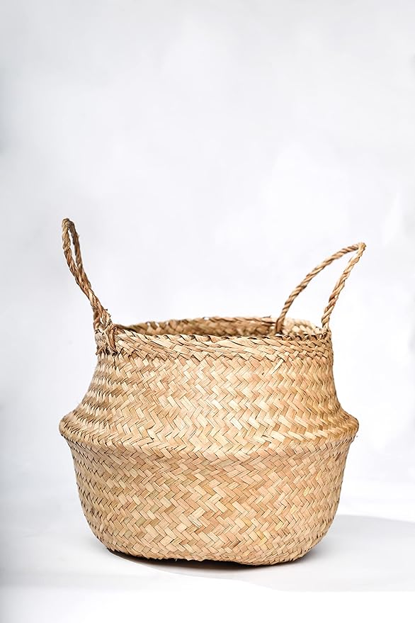 Seagrass Belly Basket (Size: 14x14x13 inches, Color: Yellow Natural - Set of 2) Laundry, Picnic - Plant Pots Cover Indoor Home Decor - Hand Woven Straw Beach Bag with Handles…