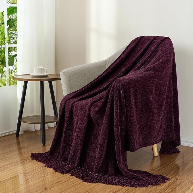 Chenille Throw Blanket for Couch with Tassels,60"X80" Soft Cozy Lightweight Knitted Boho Decorative Blankets for Bed and Sofa,Aubergine