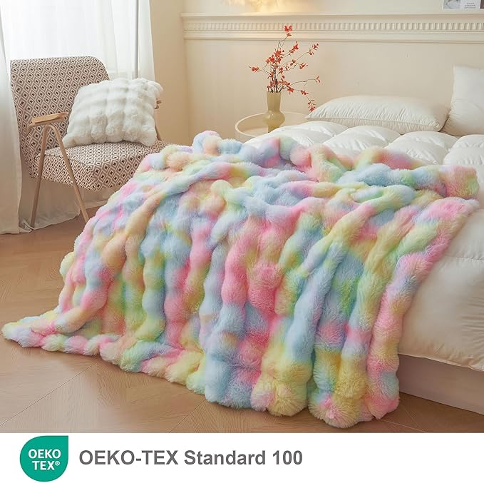 LIFEREVO Fluffy Faux Rabbit Fur Bubble Blanket, Tie Dye Plush Shaggy Throw Couch Sofa, Cozy Comfy Furry Big Bed Blanket Adults Kids Girls, Aesthetic Fuzzy Throw for Bedroom Living Room, 60x90, Rainbow