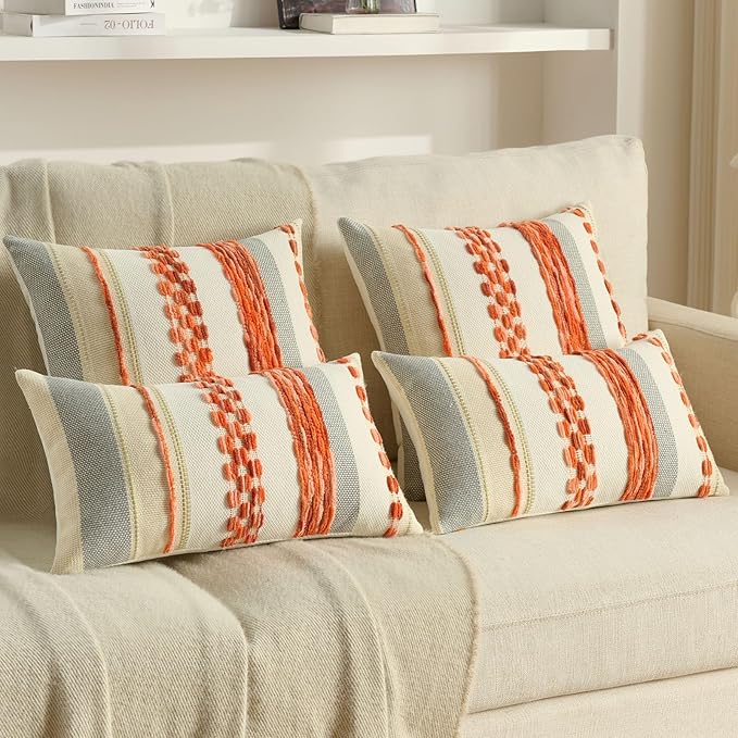 FUTEI Orange Decorative Throw Pillow Covers 20x20 Inch Set of 2, Soft Tufted Striped Textured Accent Cushion Case,Boho Pillows for Couch Decor