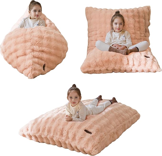 MAXYOYO 3 in 1 Kids Bean Bag Chair Bed, Child Floor Sofa for Gaming, Reading, Convertible Bean Bag Floor Cushion with Machine Washable Cover for Living Room Bedroom, Pink
