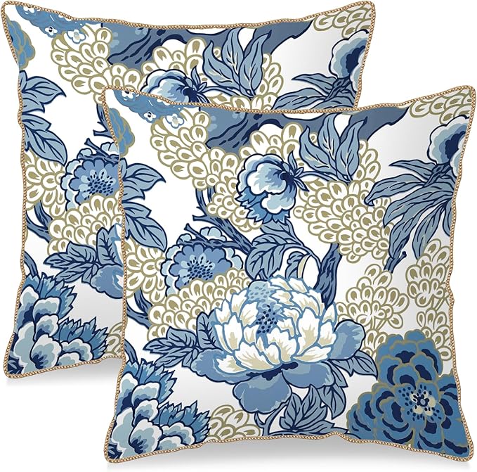 KSLIDS Vintage Floral Soft Velvet Throw Pillow Covers Set of 2 Blue Beige Floral Decorative Pillow Covers 18x18 Inch Chinoiserie Retro Pillow Case for Sofa Couch Bedroom Farmhouse Home Decor