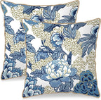KSLIDS Vintage Floral Soft Velvet Throw Pillow Covers Set of 2 Blue Beige Floral Decorative Pillow Covers 18x18 Inch Chinoiserie Retro Pillow Case for Sofa Couch Bedroom Farmhouse Home Decor