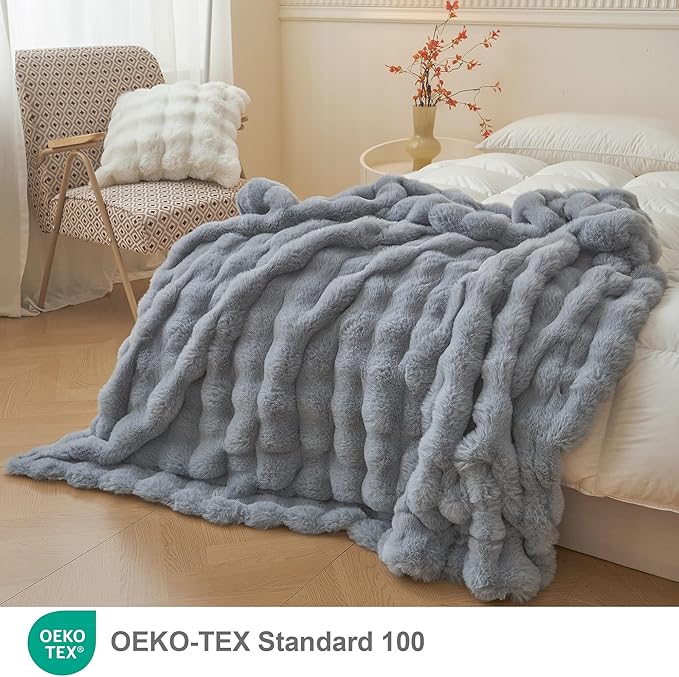 LIFEREVO Luxury Fluffy Faux Rabbit Fur Blanket, Plush Fuzzy Bubble Waffle Throw for Couch Sofa, Cozy Comfy Furry Bed Blanket Home Decoration, Shaggy Throw for Bedroom Living Room, 60x90, Light Grey