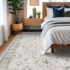 Boho Light Grey Living Room Rug 7x10 - Modern Vintage Eclectic Floral Pastel Neutral Taupe, Washable Low Pile Non-Slip Large Area Rugs for Dining Under Table Bedroom Lounge