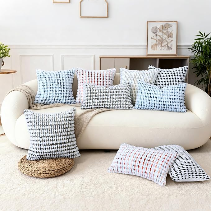Boho Chenille Tufted Pillow Cover 24x24 Inch Set of 1, Farmhouse Striped Decorative Pillow Covers Accent Fluffy Neutral Square Pillowcases for Couch Sofa Bedroom Living Room, Blue White