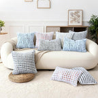 Boho Chenille Tufted Pillow Cover 12x20 Inch Set of 1, Farmhouse Striped Decorative Pillow Covers Accent Fluffy Neutral Lumbar Pillowcases for Couch Sofa Bedroom Living Room, Blue White