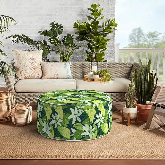 Indoor/Outdoor Inflatable Ottoman, Water Repellent Round Foot Rest Ottomans D31 x H14 inch, Portable Footstool for Patio Garden Camping or Home, Jungle Leaves