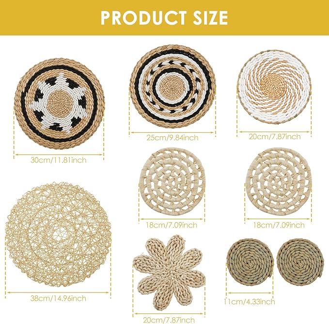 HJJWNDDNG 9 Pack Boho Wall Basket Decor Set, Hanging Woven Seagrass Rattan Wicker Boho Wall Decor, Round Farmhouse Wall Hanging Baskets Rustic Flat Wall Art for Living Room Bedroom Kitchen (Style 9)