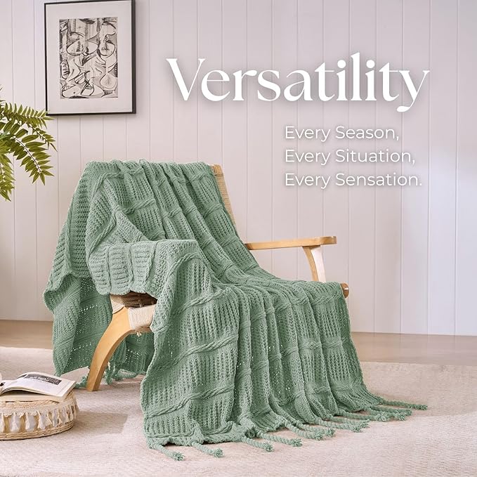 Boho Knitted Chenille Blanket with Tassels - Lightweight & Soft All-Season Throw - 3D Classic Pattern for Living Room Bedroom Couch, Sage Green, Twin 60"x80"