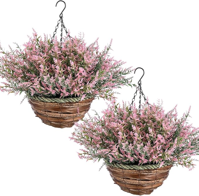 2 Sets Artificial Lavender Flowers with Hanging Basket for Outdoor Indoor Artificial Faux Hanging Flowers Plants Rattan Lining for Porch Garden Yard Spring Summer Decor(Pink)