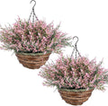 2 Sets Artificial Lavender Flowers with Hanging Basket for Outdoor Indoor Artificial Faux Hanging Flowers Plants Rattan Lining for Porch Garden Yard Spring Summer Decor(Pink)