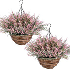 2 Sets Artificial Lavender Flowers with Hanging Basket for Outdoor Indoor Artificial Faux Hanging Flowers Plants Rattan Lining for Porch Garden Yard Spring Summer Decor(Pink)