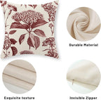 Burgundy Red Pillow Covers 18x18 Set of 2 Vintage Boho Floral Hydrangea Herbs Botanical Throw Pillows Outdoor Flower Decoration Pillowcase Linen Farmhouse Cushion Case Decor for Couch Sofa