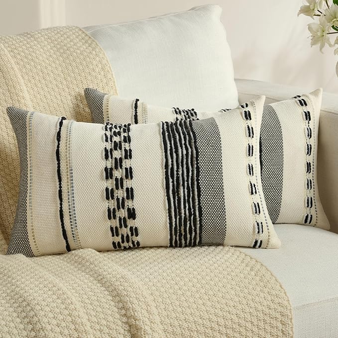 FUTEI Black White Decorative Throw Pillow Covers 12x20 Inch Set of 2, Soft Tufted Striped Textured Accent Pillow Case,Boho Pillows for Couch Decor