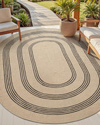 DEXI Jute Area Rug Natural Fiber 6x9 Oval, Woven Braided Durable Farmhouse Design Rugs for Living Room, Bedroom Dinning Room Office Outdoor Patio, Beige/Black