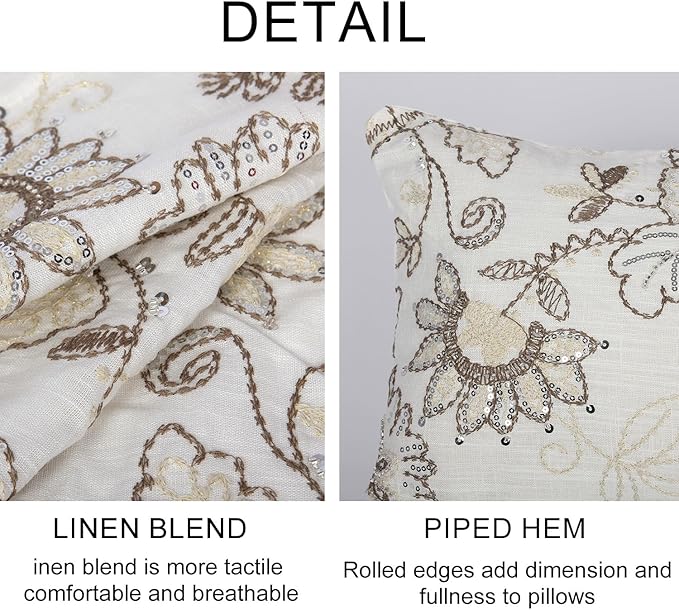 Floral Embroidered Lumbar Throw Pillow Cover 12x 20, Sequin Chinoiserie Flower Neutral Linen Pillow Cushion Cases, Farmhouse Decorative Pillows for Bed, Outdoor Couch White