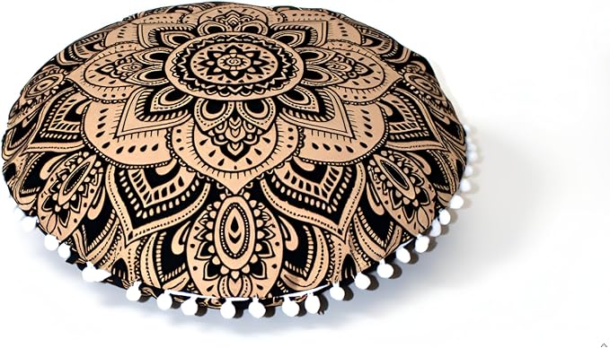 CRAFT KALA Large Round Bohemian Floor Pillow Pouf Cover Mandala Meditation Room Pillow Cover for Adults Boho Seating Poufs Cushion Cover for Kids Playroom Metallic Gold Flower 32"