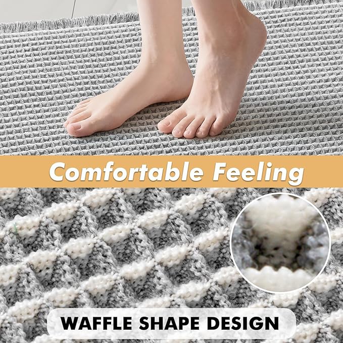 MIULEE Set of 2 Waffle Bathroom Rugs, Boho Bath Rugs Non Slip Washable, Super Absorbent Bath Mats, Ultra Soft Rubber Backed Shower Mats for Bathroom Floor, Tub, LightGrey & Cream, 18x30 Inch