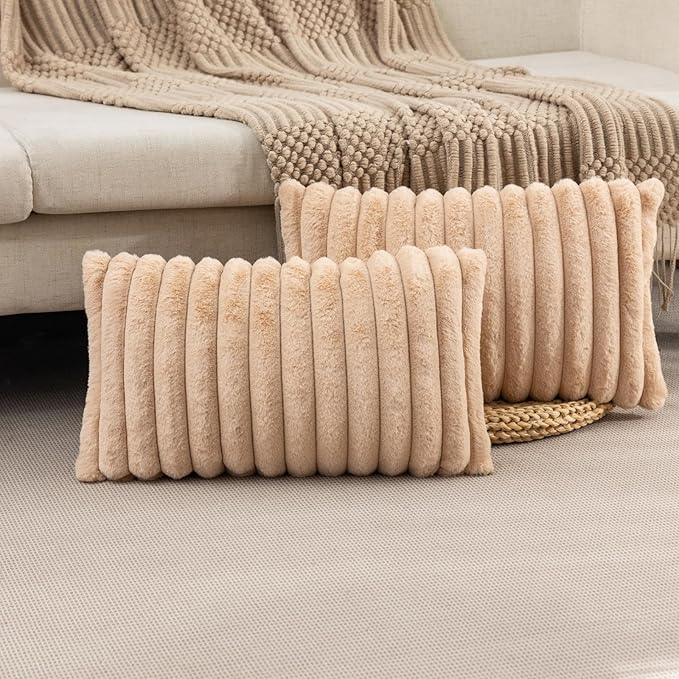 ZLINA Set of 2 Apricot Faux Fur Decorative Throw Pillow Covers Fluffy Striped Pillowcase Cushion Covers 12 x 20 Inch Decor Sofa Couch Bedroom
