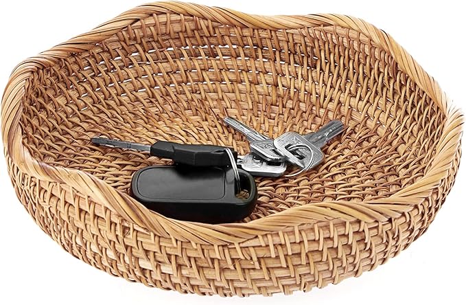 Hipiwe Natural Rattan Tray 8.5" Wicker Storage Bowls Hand Woven Basket Tray for Bread Fruit Key Round Fruit Baskets for Kitchen Entryway Tabletop Decorative Baskets Bowl