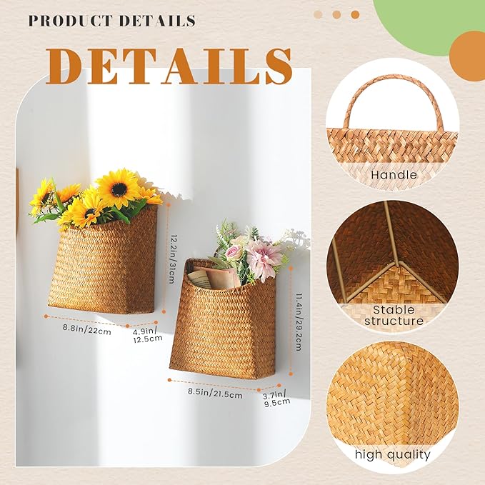 Boao 2 Pack Hanging Basket for Front Door Seagrass Wall Basket Hand Woven Different Sizes to Hold Flowers and Mail Wall Mounted Racks Storage Organize for Home Garden Farmhouse (Natural Color)