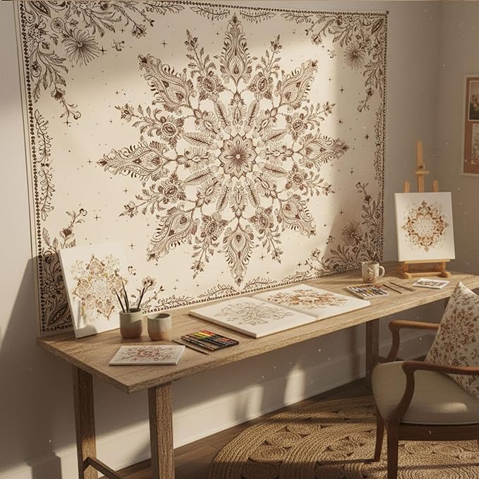 Accnicc Boho Floral Mandala Tapestry Wall Hanging Bohemian Beige Flower Tapestry Aesthetic Hippie Indian Large Tapestries for Bedroom Living Room Dorm Decor 80 x 60 Inch