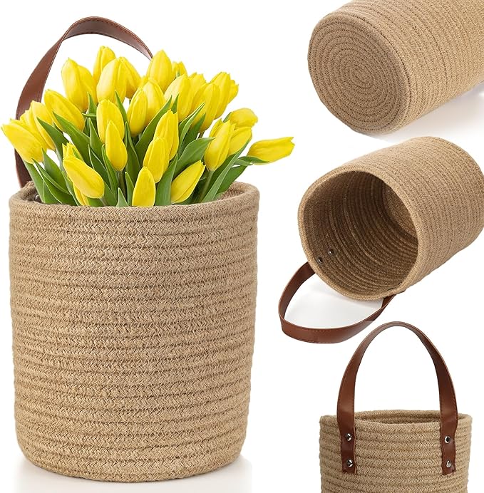 YOUEON Set of 2 Jute Hanging Basket 7.8" x 6.7", Small Wall Hanging Planter Baskets, Natural Jute Woven Storage Basket for Flower Plants Towels Sunglasses Wallet Keys, Boho Decor